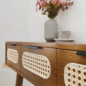 Bàn gỗ 3 hộc tủ kéo phối mây màu sẫm